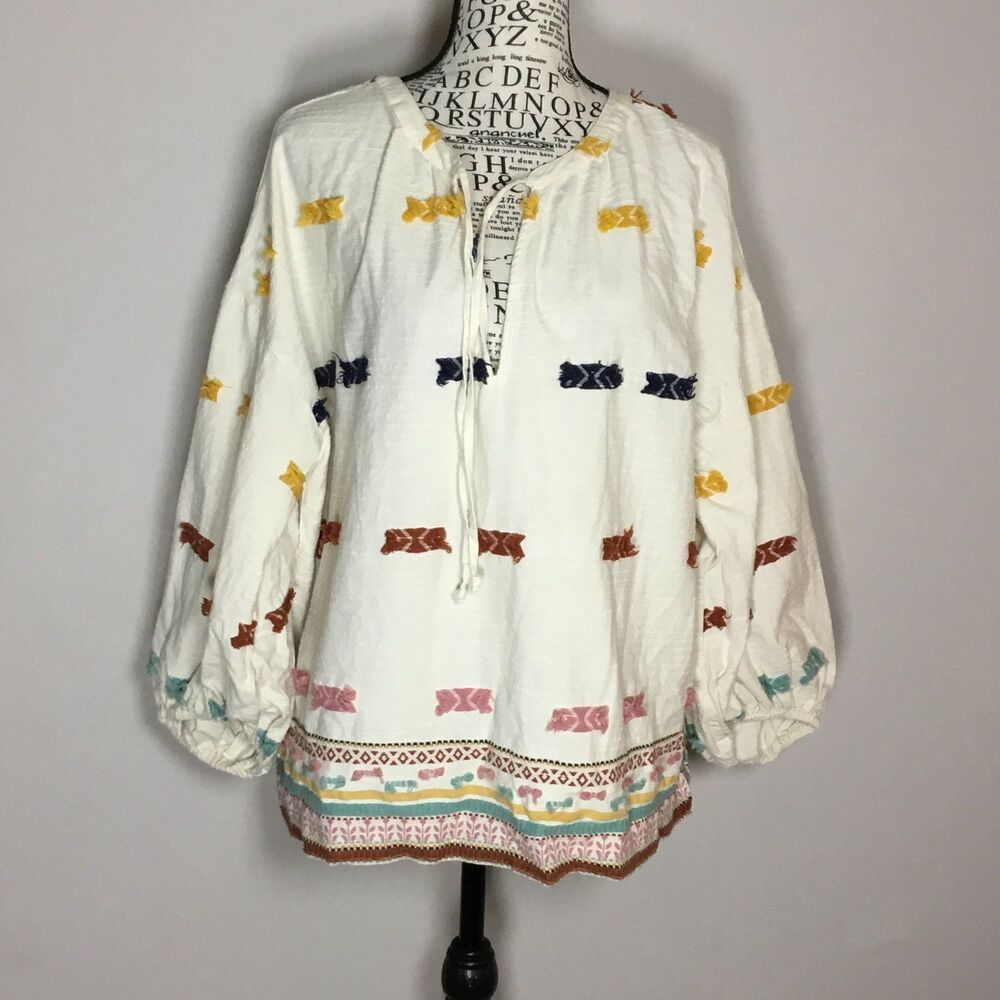 100% cotton gauzy cream top multicolor embroidered embellishment hippie boho L